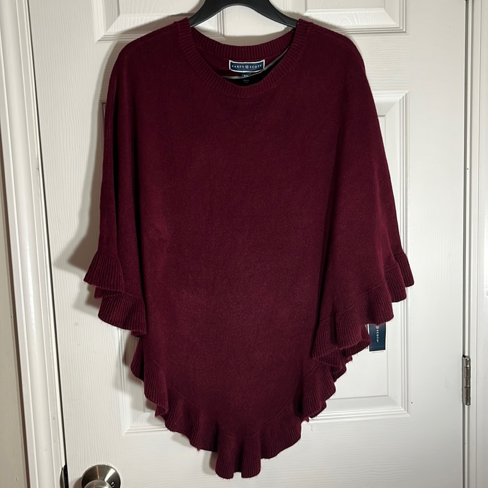 NWT: Karen Scott, LuxSoft, Wine Color, Poncho; Ruffled, S/M
